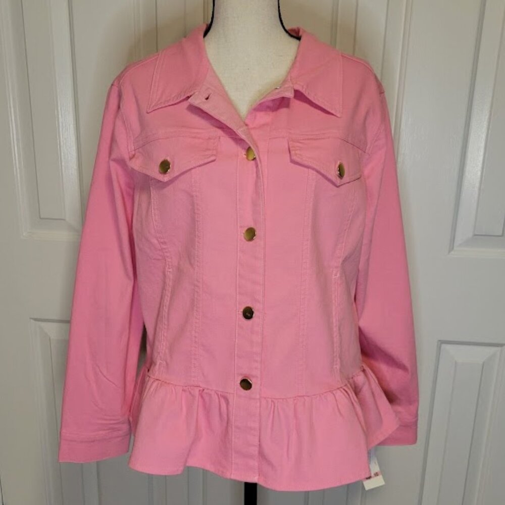 Ruby Rd. “Fresh Flourishes” Peony Pink Ruffle Hem Denim Jacket Size 10 NWT